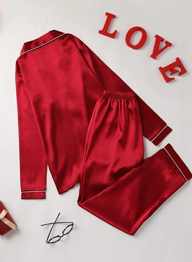 تايك تو طقم بلوزة بأكمام طويلة وبنطال بيجاما للنساء باللون الأحمر